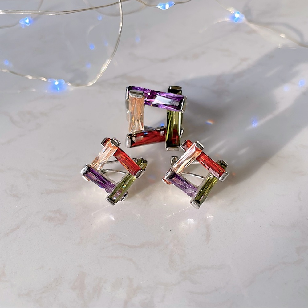 Multi Color Glass Silver Tone Ring and Earrings